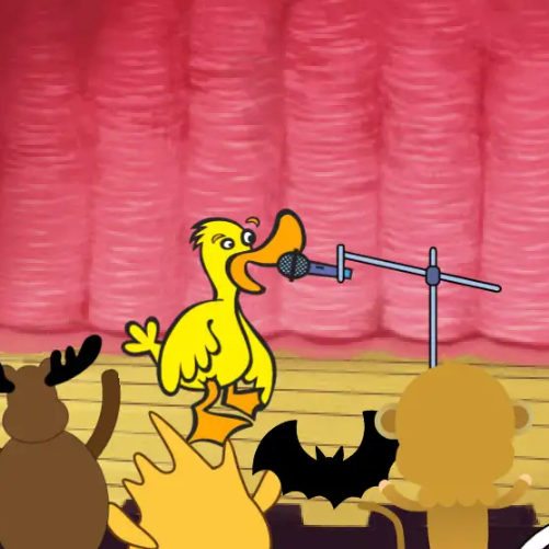 animated duck standing on stage