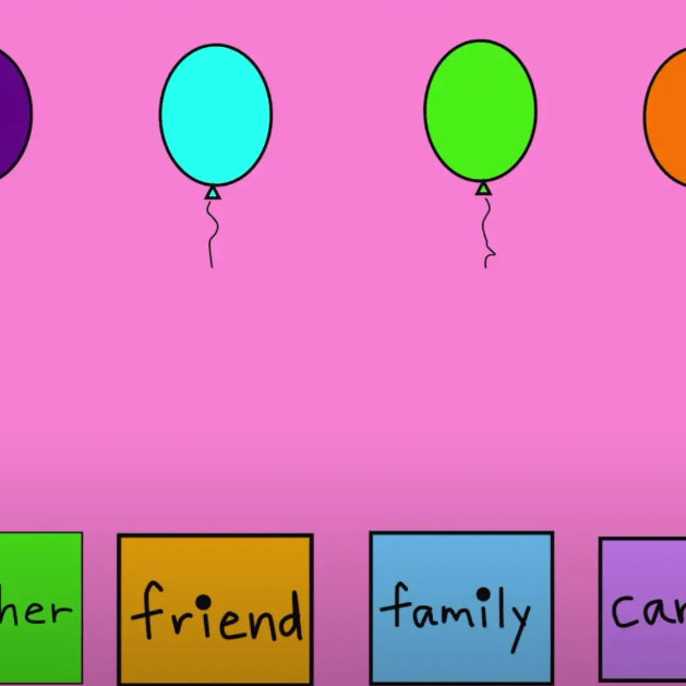 four balloons and four squares on a pink background