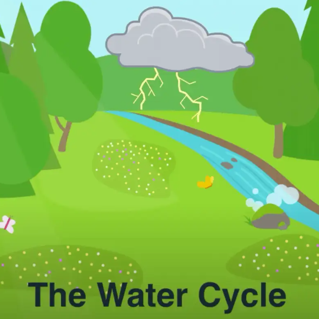 an illustration of a river with trees on either side and a storm cloud with lightening above it